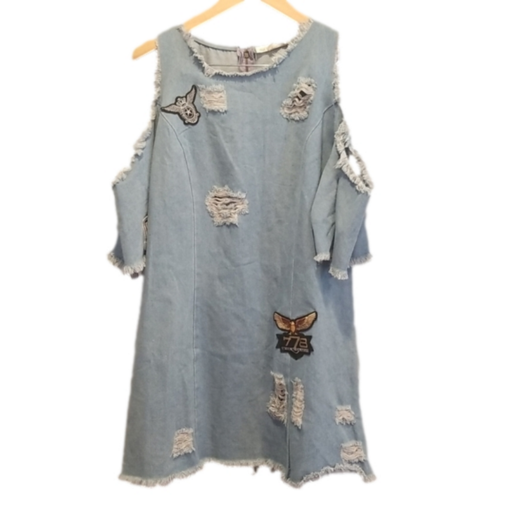 Hot & Delicious patchwork cold shoulder denim dress.